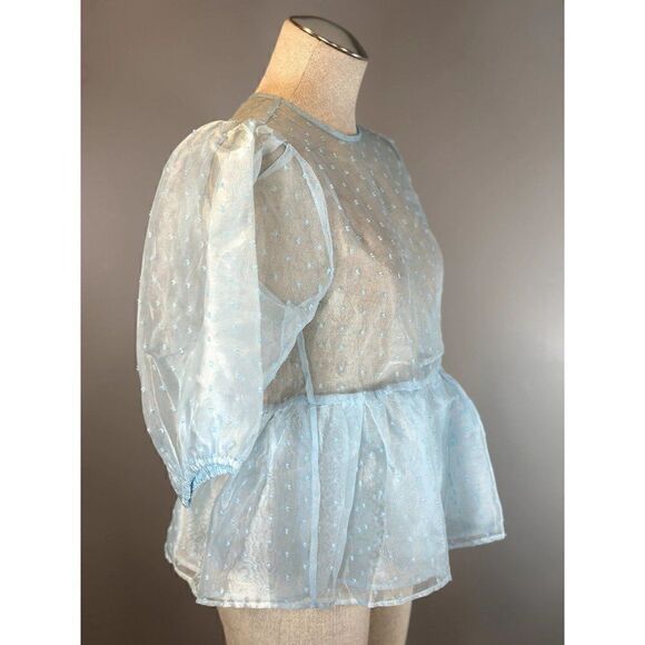 Topshop NWT Dobby Dot Organza Sheer Puff Blouse in Powder Blue Size 4 - Picture 3 of 5